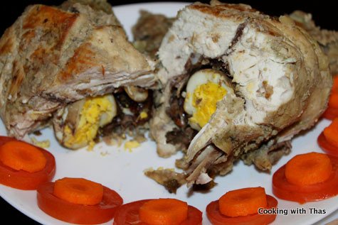 cut chicken with eggs inside