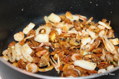 stir frying seafood mix